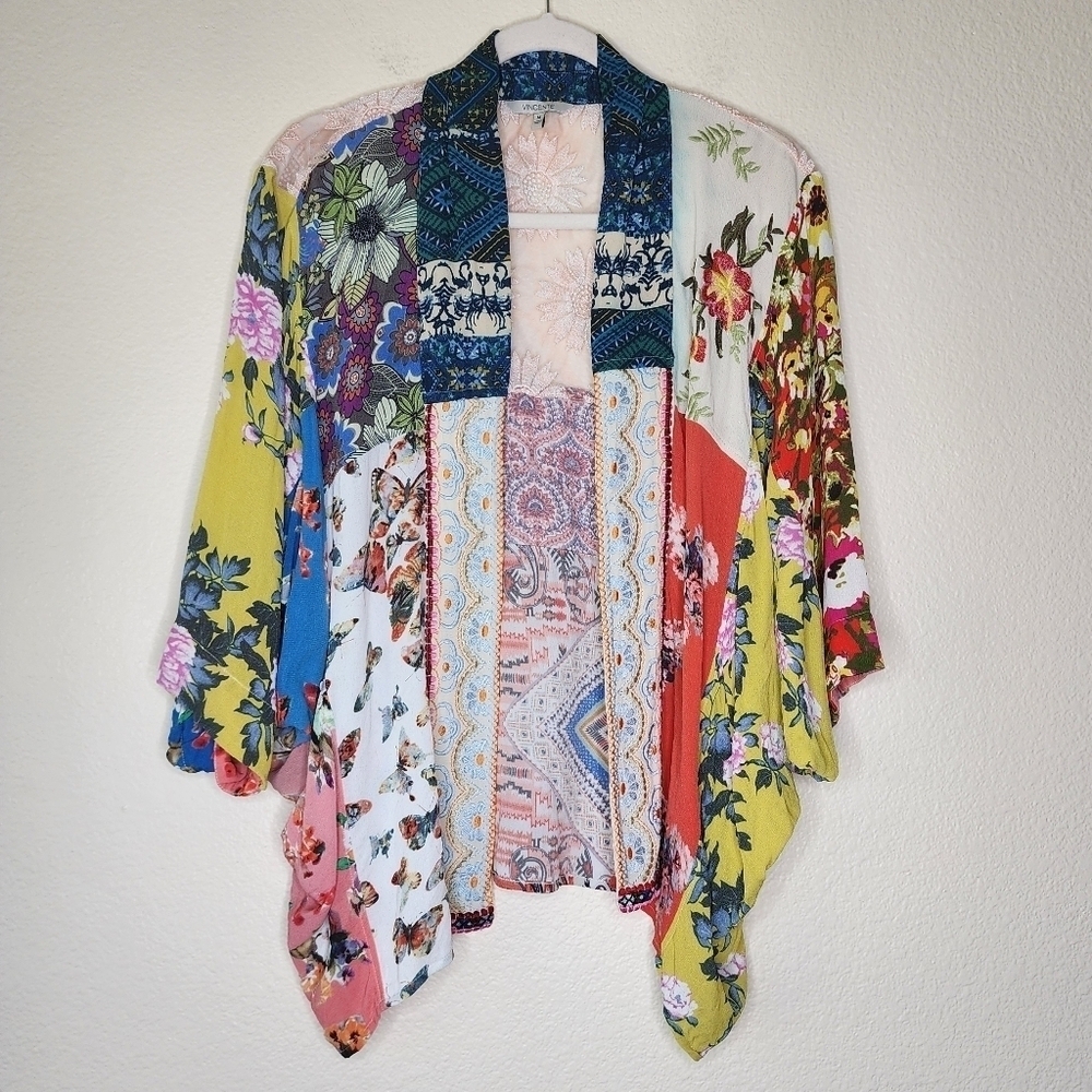 Vincente Boho Mixed Media Print Embroidered Floral Semi Sheer Kimono M